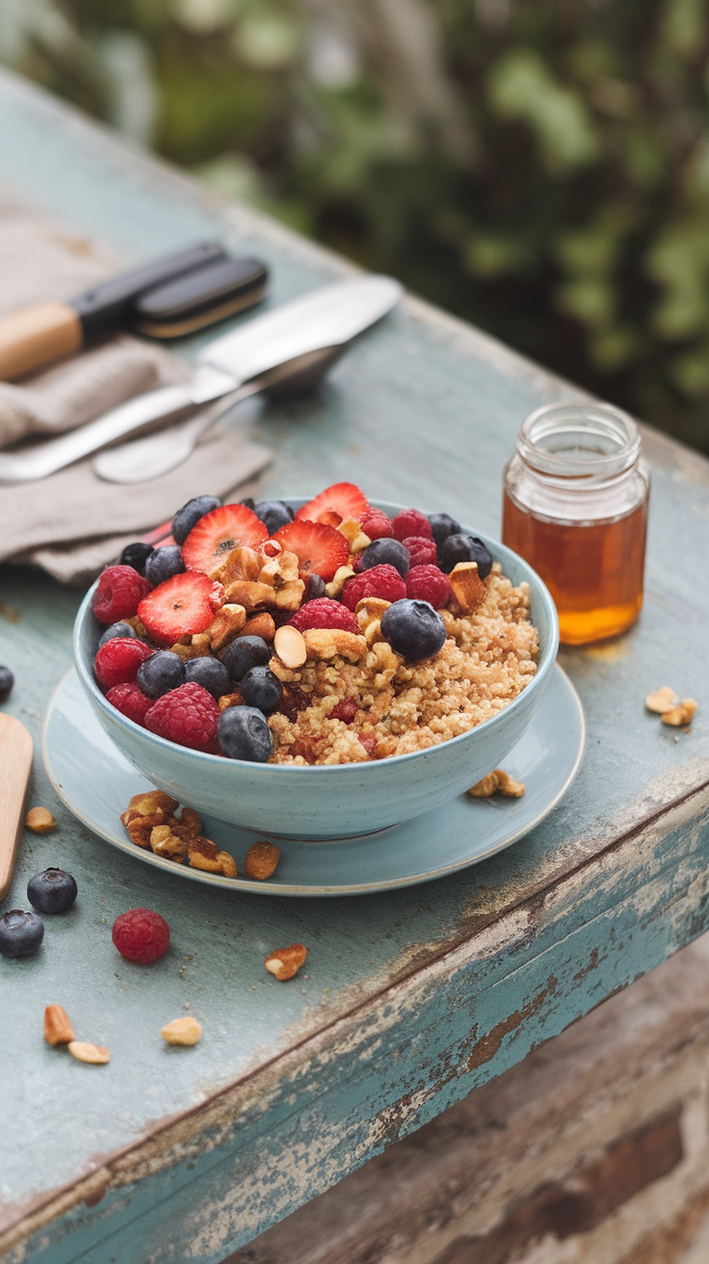 A quinoa breakfast bowl topped with fresh berries and nuts, served on a rustic table.