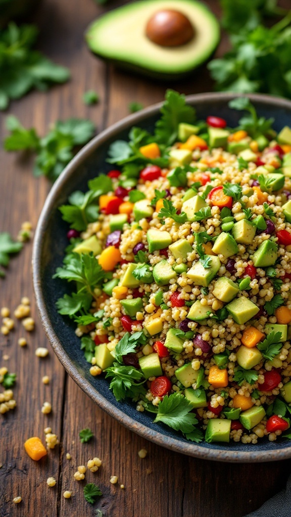 A colorful quinoa salad with avocado, bell peppers, cherry tomatoes, and fresh herbs.