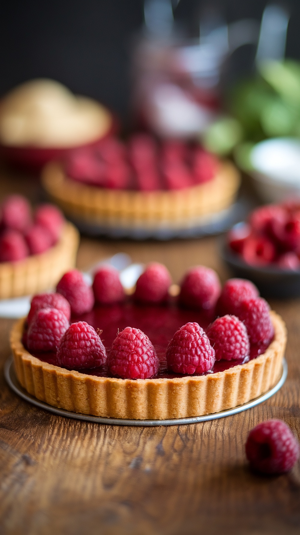 A beautifully arranged Raspberry Almond Tart with fresh raspberries on top, set on a wooden table.