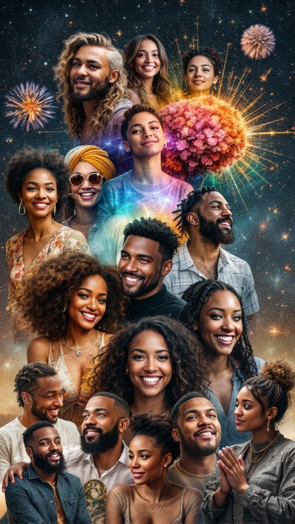 A collage of diverse individuals smiling and celebrating, symbolizing positivity and the power of the subconscious mind.