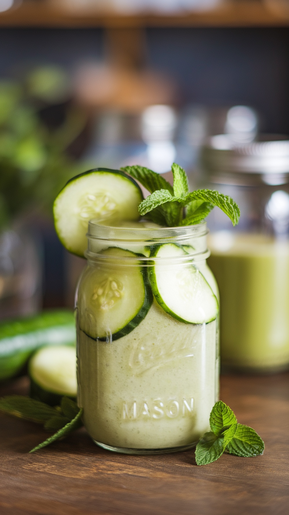 A refreshing cucumber mint smoothie in a mason jar, garnished with cucumber slices and mint leaves.