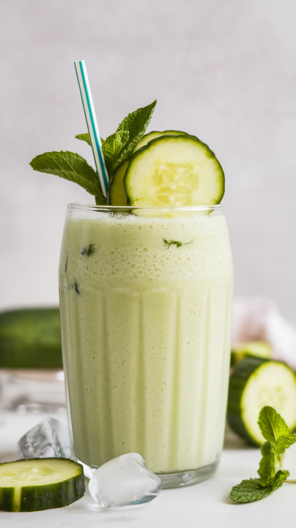 A refreshing cucumber mint smoothie in a glass, garnished with cucumber slices and mint leaves.