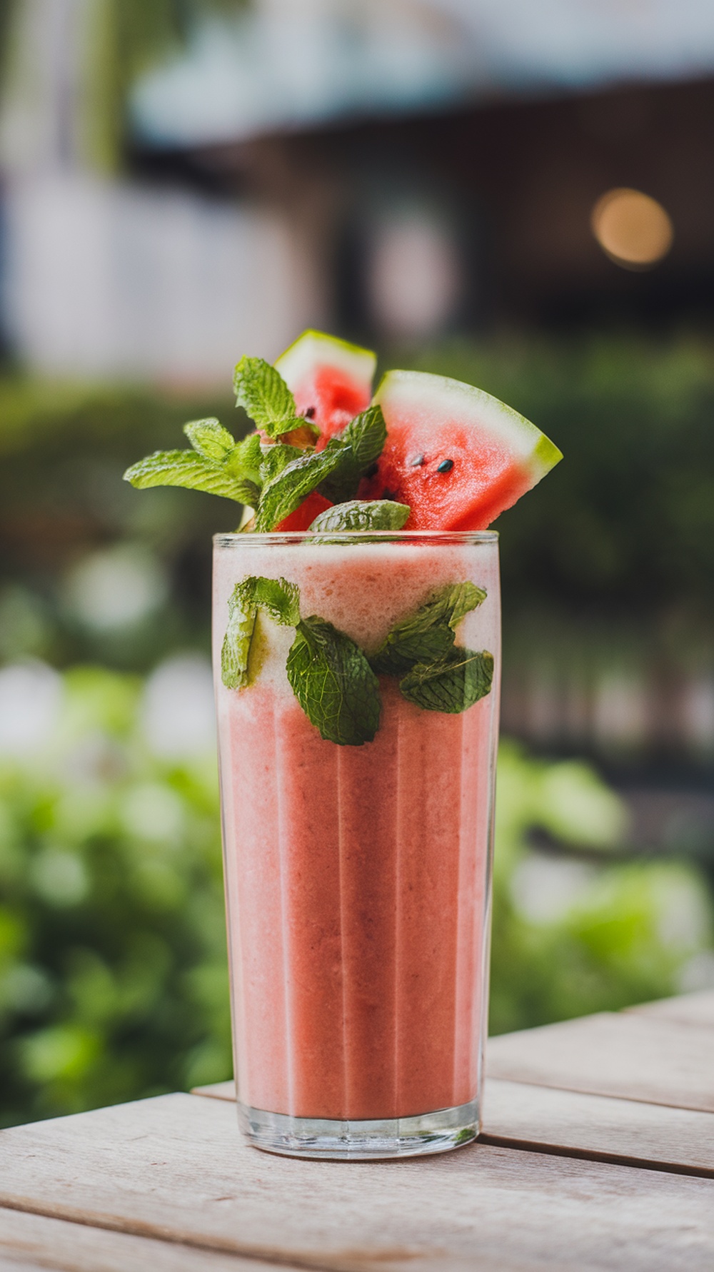 A refreshing watermelon mint cooler in a tall glass, garnished with mint leaves and watermelon slices.