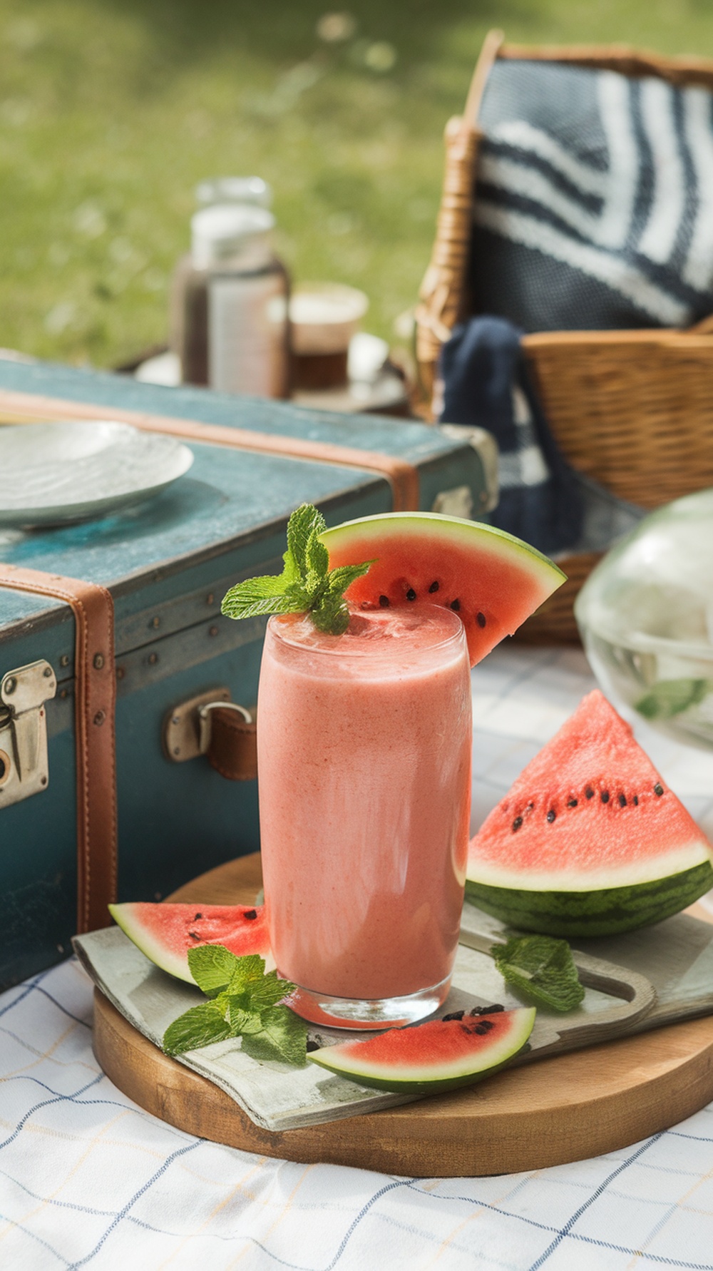 A refreshing watermelon mint cooler served in a glass with watermelon slices and mint leaves, set against a picnic backdrop.