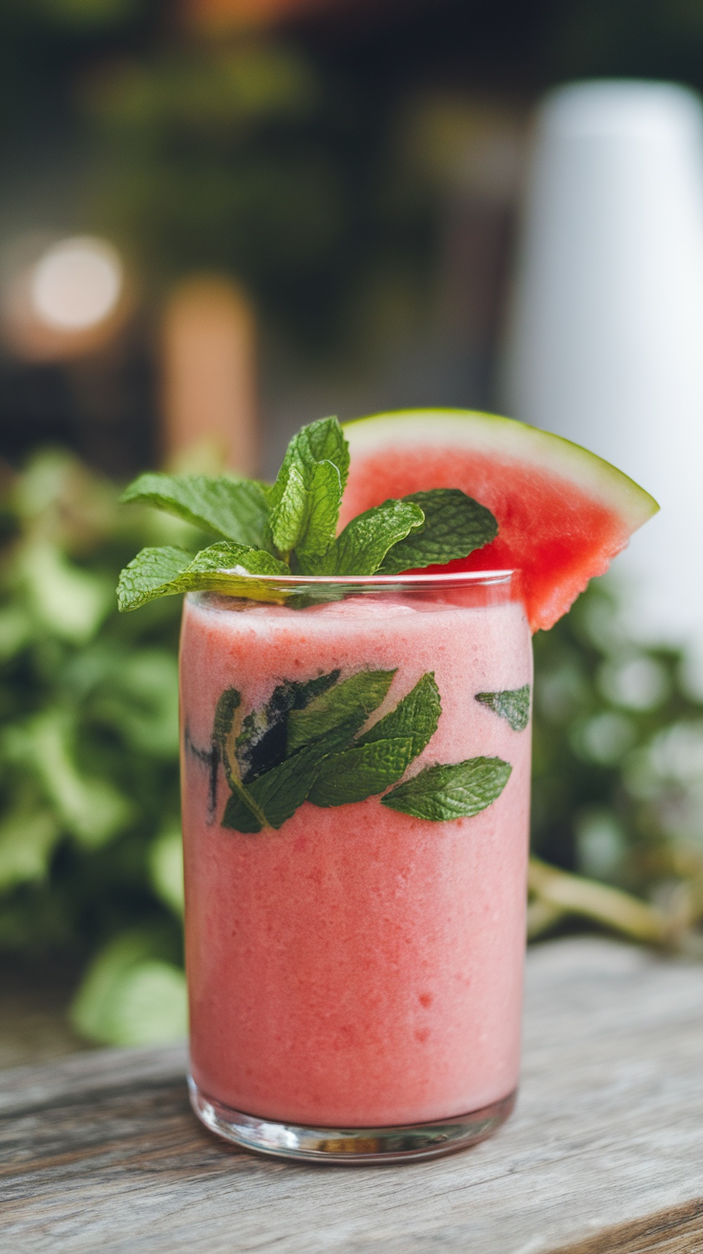 A refreshing watermelon mint cooler in a glass with mint leaves and a slice of watermelon on top.