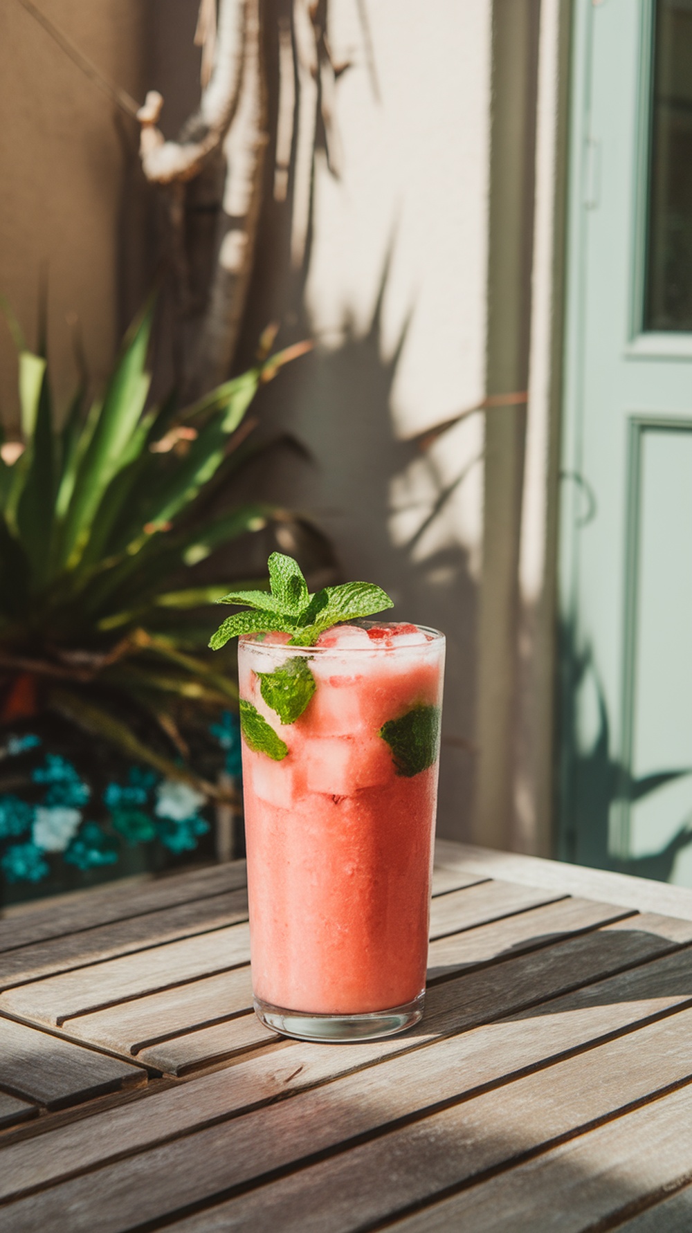 A refreshing watermelon mint cooler in a tall glass with mint leaves on top, sitting on a wooden table.