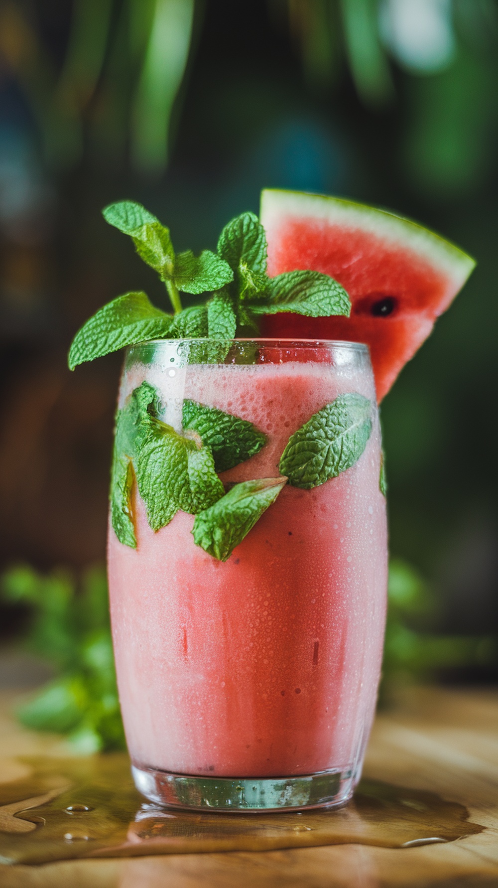 A refreshing watermelon mint cooler in a glass, garnished with mint leaves and a slice of watermelon.