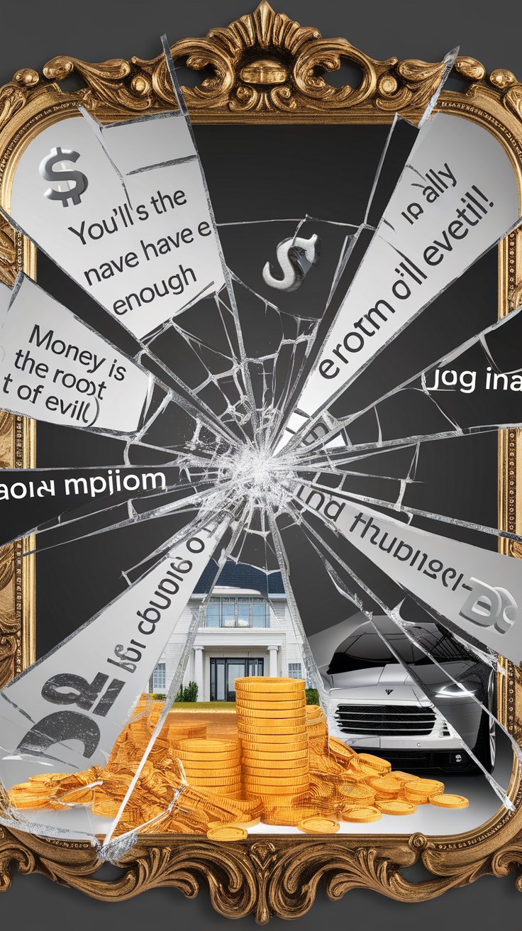 A shattered mirror with phrases about limiting beliefs regarding money, surrounded by gold coins and a luxurious house.
