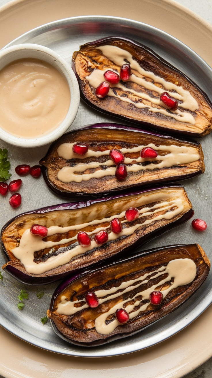 A plate of roasted eggplant topped with tahini sauce and pomegranate seeds