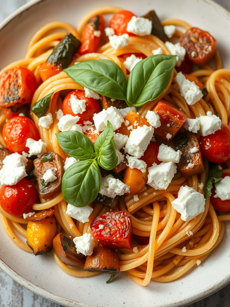 A plate of roasted vegetable and feta pasta topped with fresh basil leaves.