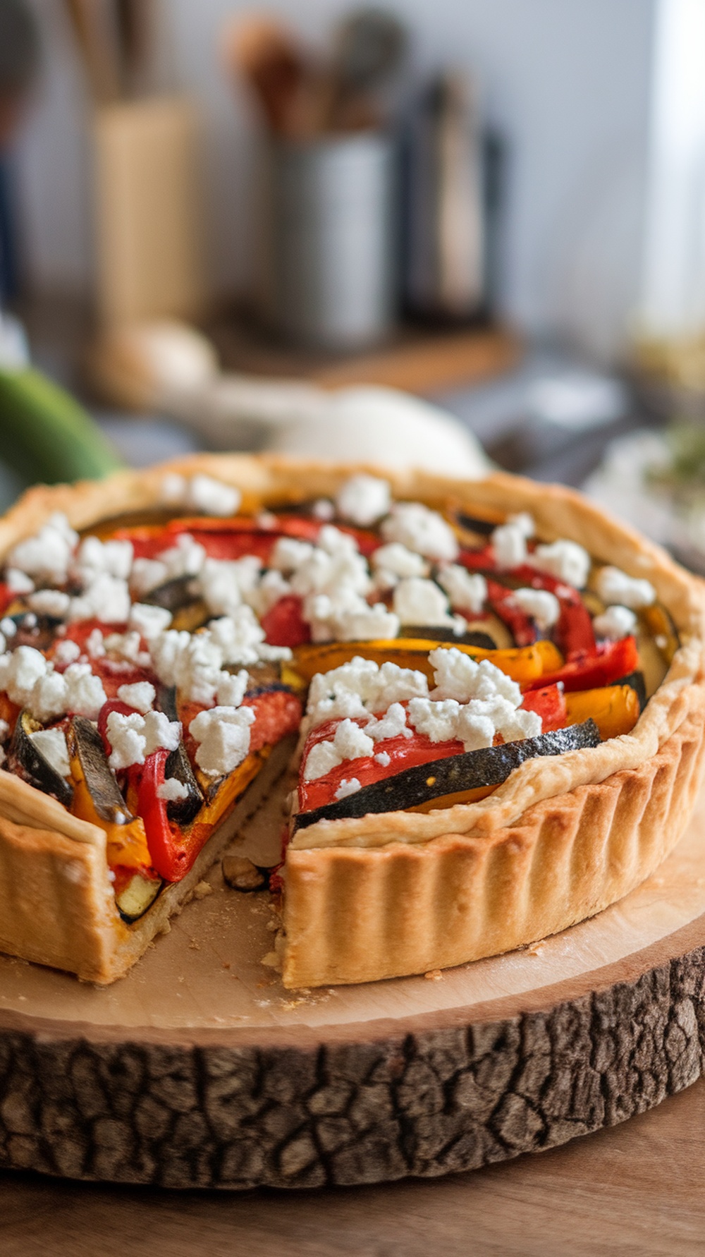 A roasted vegetable and feta tart on a wooden board, showcasing colorful vegetables and crumbled feta cheese.
