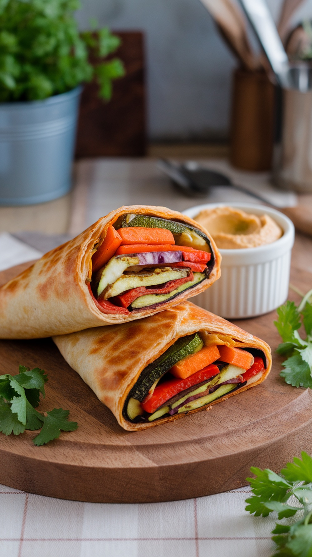 A delicious roasted vegetable and hummus wrap on a wooden board, garnished with fresh cilantro.