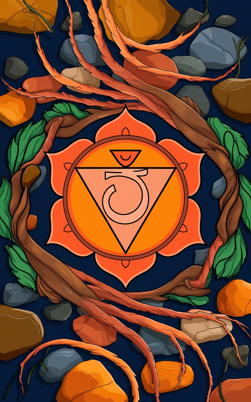 An illustration depicting the root chakra with a red lotus, stones, and branches.