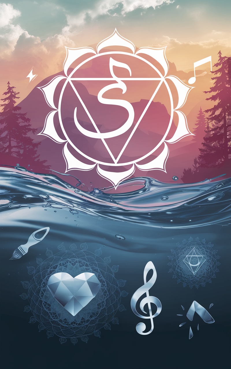 An artistic representation of the Sacral Chakra with flowing water and symbols of creativity.