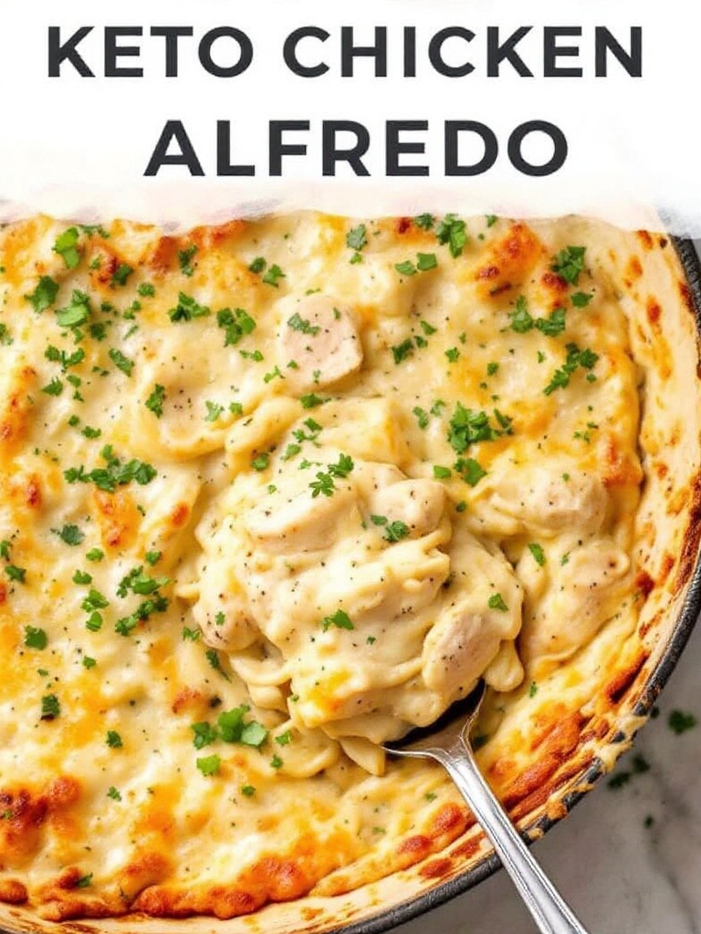 A delicious, creamy Keto Chicken Alfredo Bake topped with parsley.