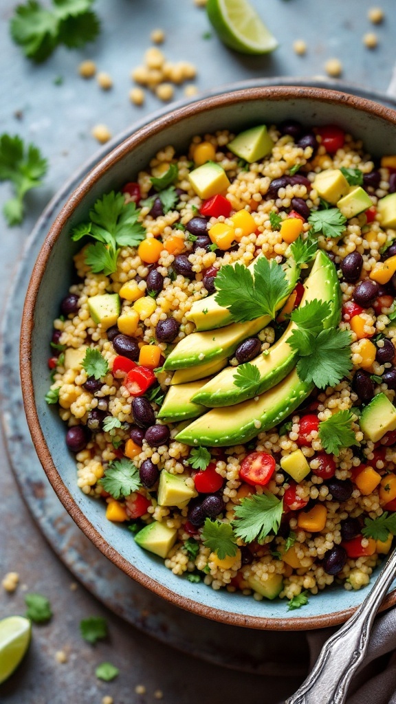 A colorful bowl of quinoa and black bean salad with fresh vegetables and herbs.