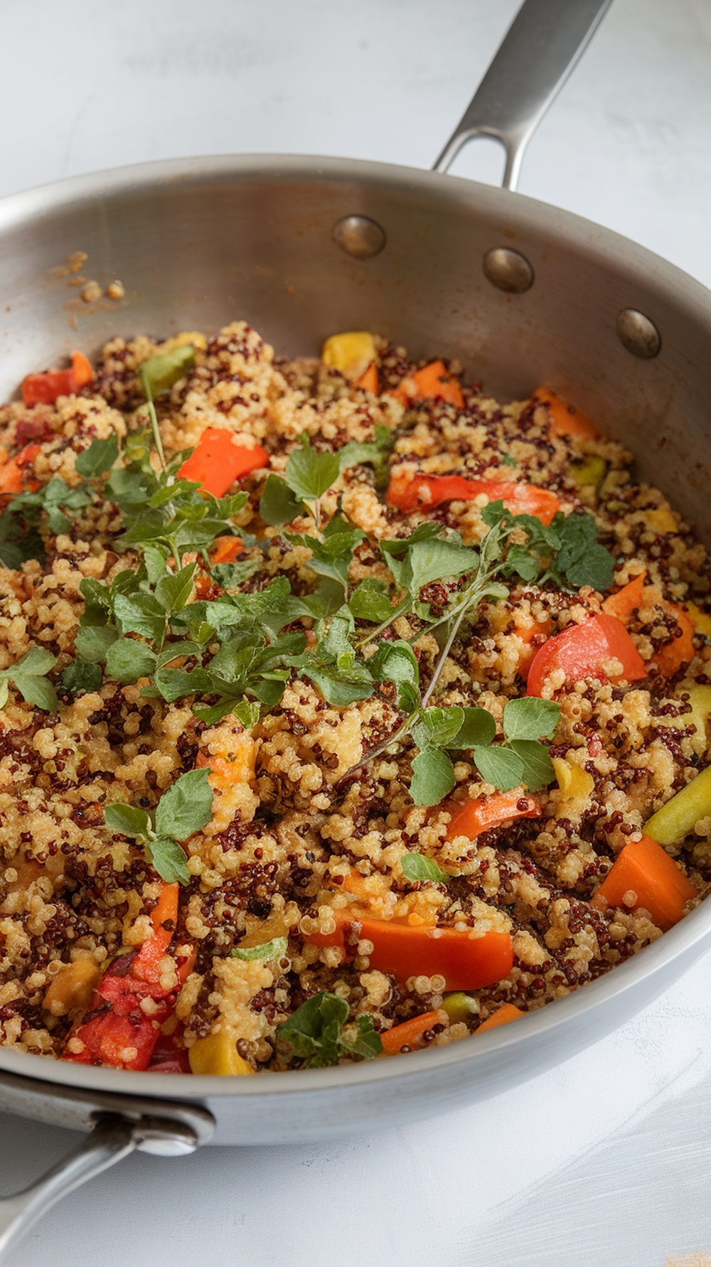 A colorful quinoa and vegetable stir-fry in a silver pan, featuring diced peppers and zucchini, garnished with fresh herbs.