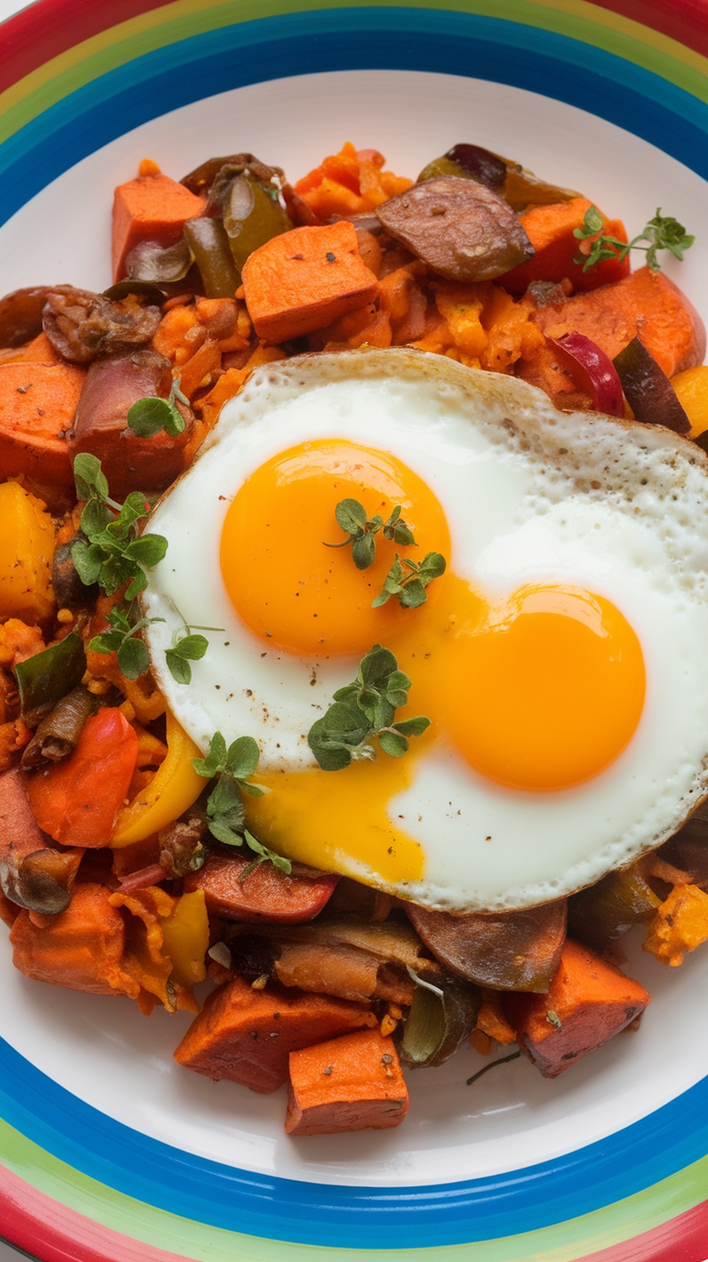 A colorful plate of savory sweet potato hash topped with two fried eggs.