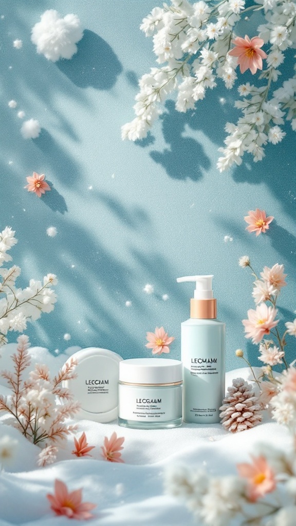 Aesthetic arrangement of skin care products with flowers in a soft setting
