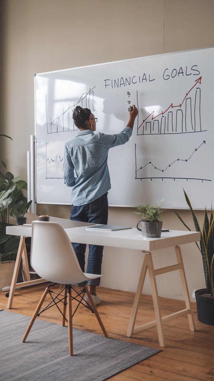 Person writing financial goals on a whiteboard with graphs in an office setting.