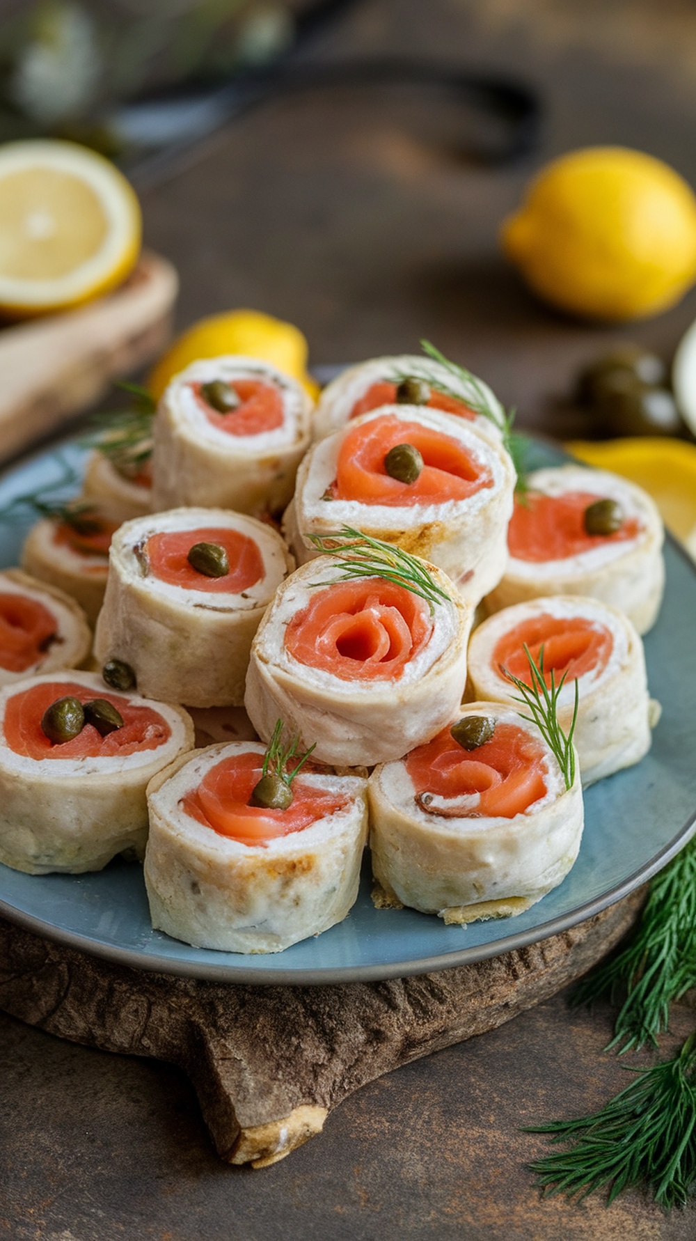 A plate of smoked salmon and cream cheese roll-ups garnished with dill and lemon.