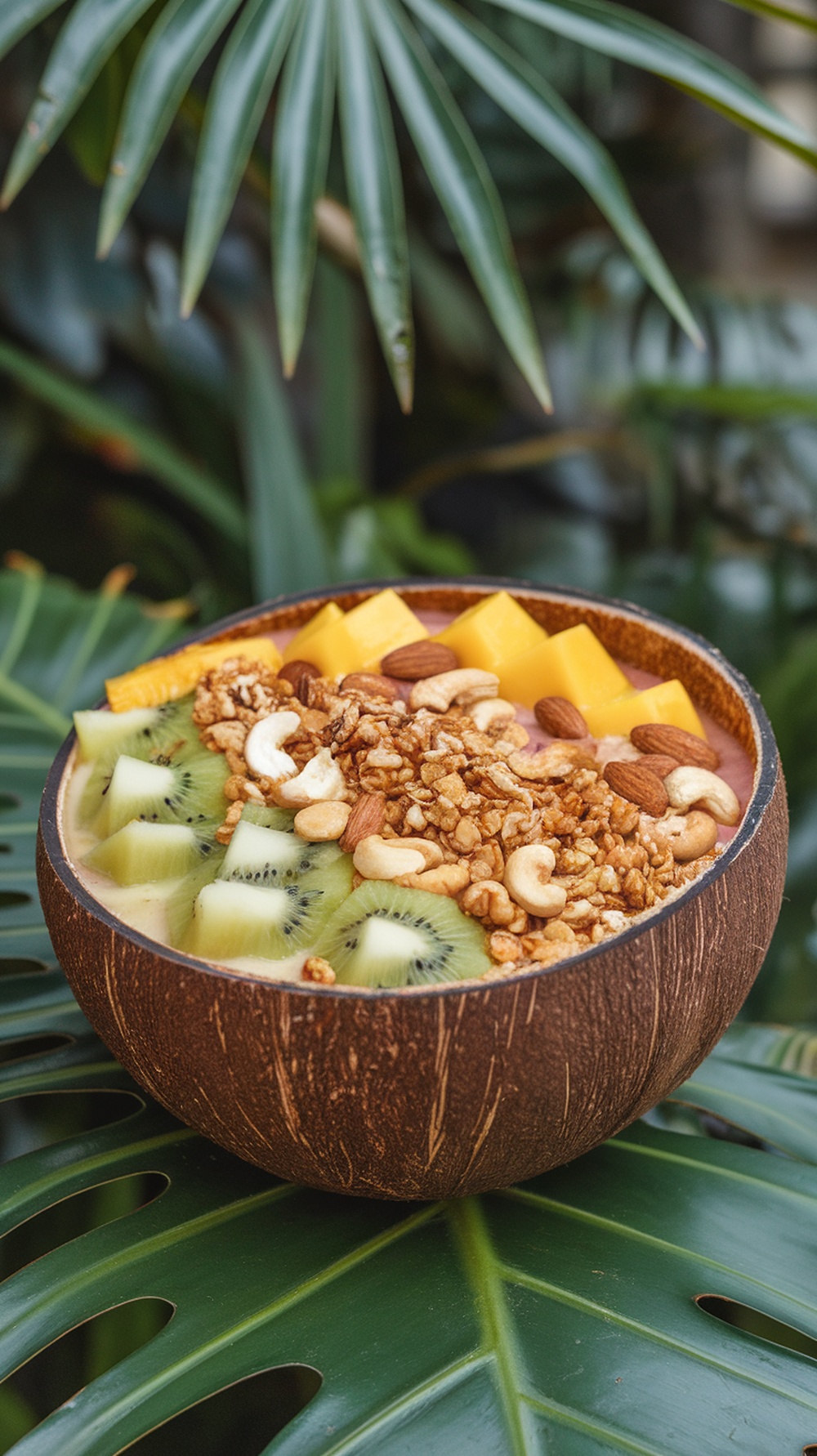 A smoothie bowl topped with granola, nuts, and fresh fruits.
