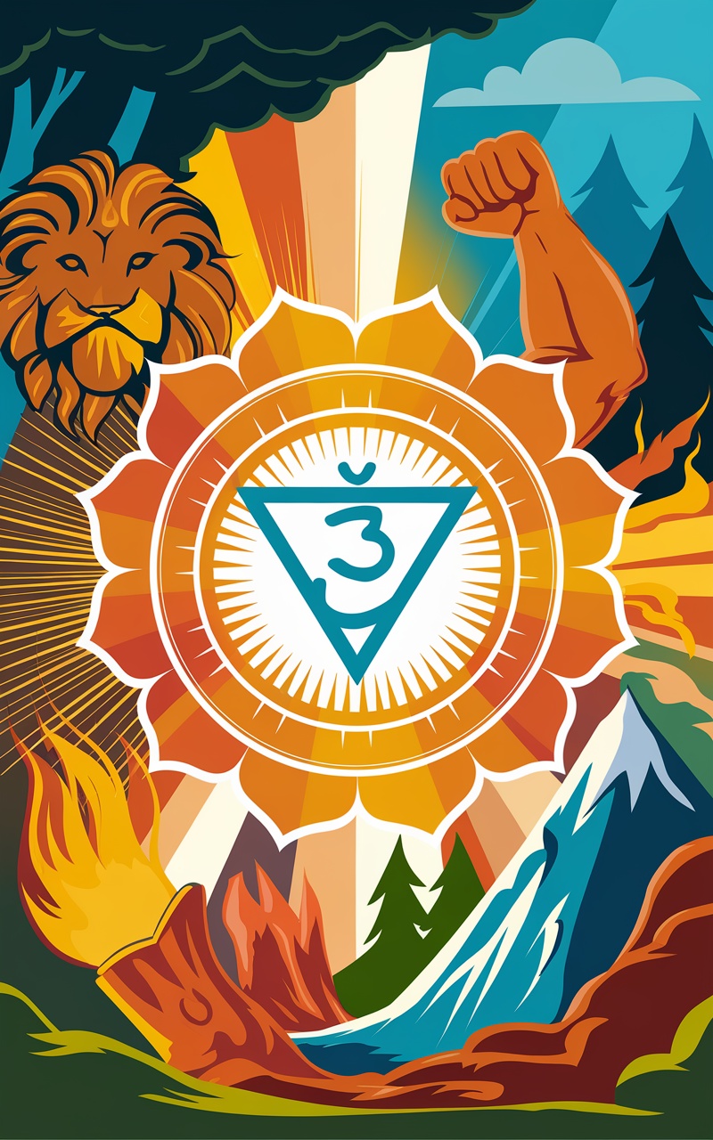 Illustration of the Solar Plexus Chakra with a lion and a muscular arm, surrounded by mountains and flames.