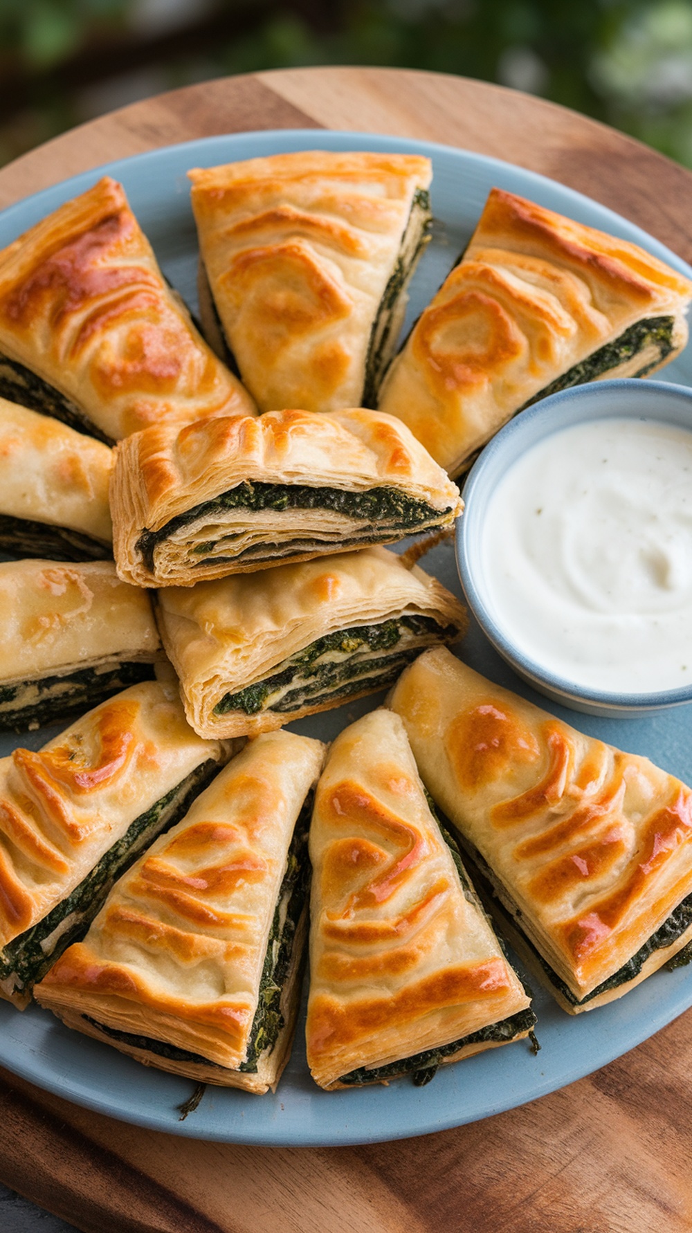 A plate of freshly baked spanakopita with crispy layers and a side of yogurt dip.