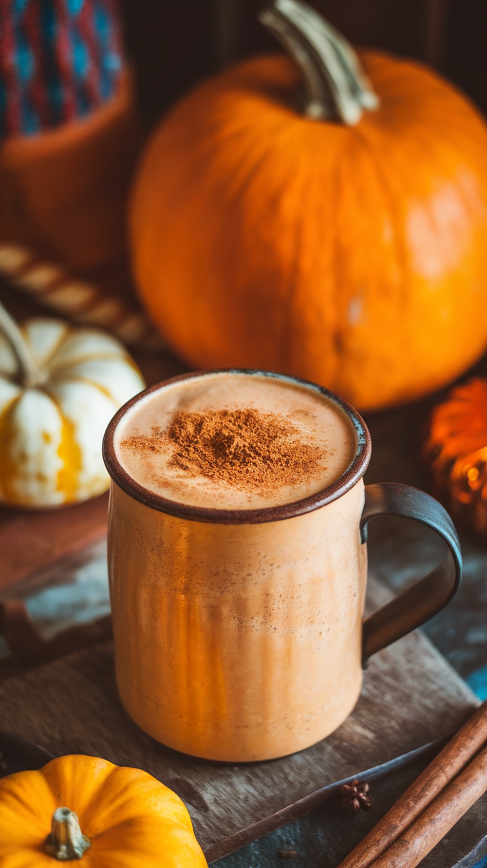 A spiced pumpkin chai smoothie in a mug, surrounded by pumpkins and spices.