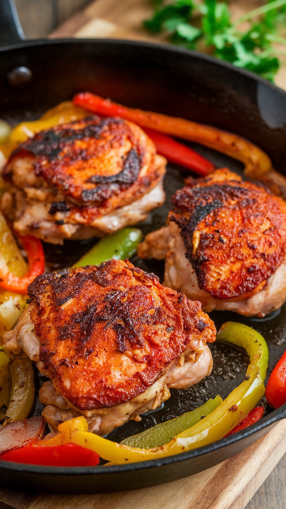 Spicy Cajun chicken thighs with colorful bell peppers in a skillet