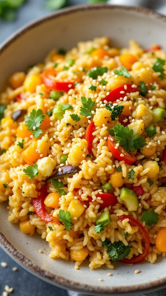 A delicious bowl of Spicy Cauliflower Rice Stir-Fry with colorful vegetables