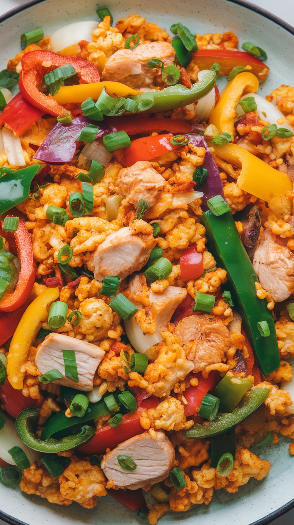 A colorful bowl of spicy cauliflower rice stir-fry with chicken and bell peppers.