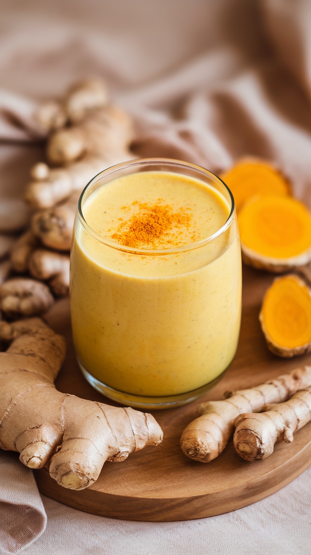 A glass of spicy ginger turmeric smoothie with fresh ginger and turmeric roots around it.