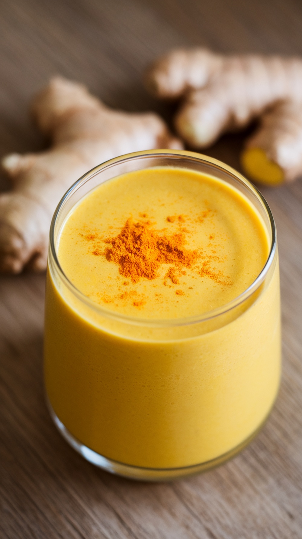 A glass of spicy ginger turmeric smoothie topped with a sprinkle of turmeric powder, with ginger roots in the background.