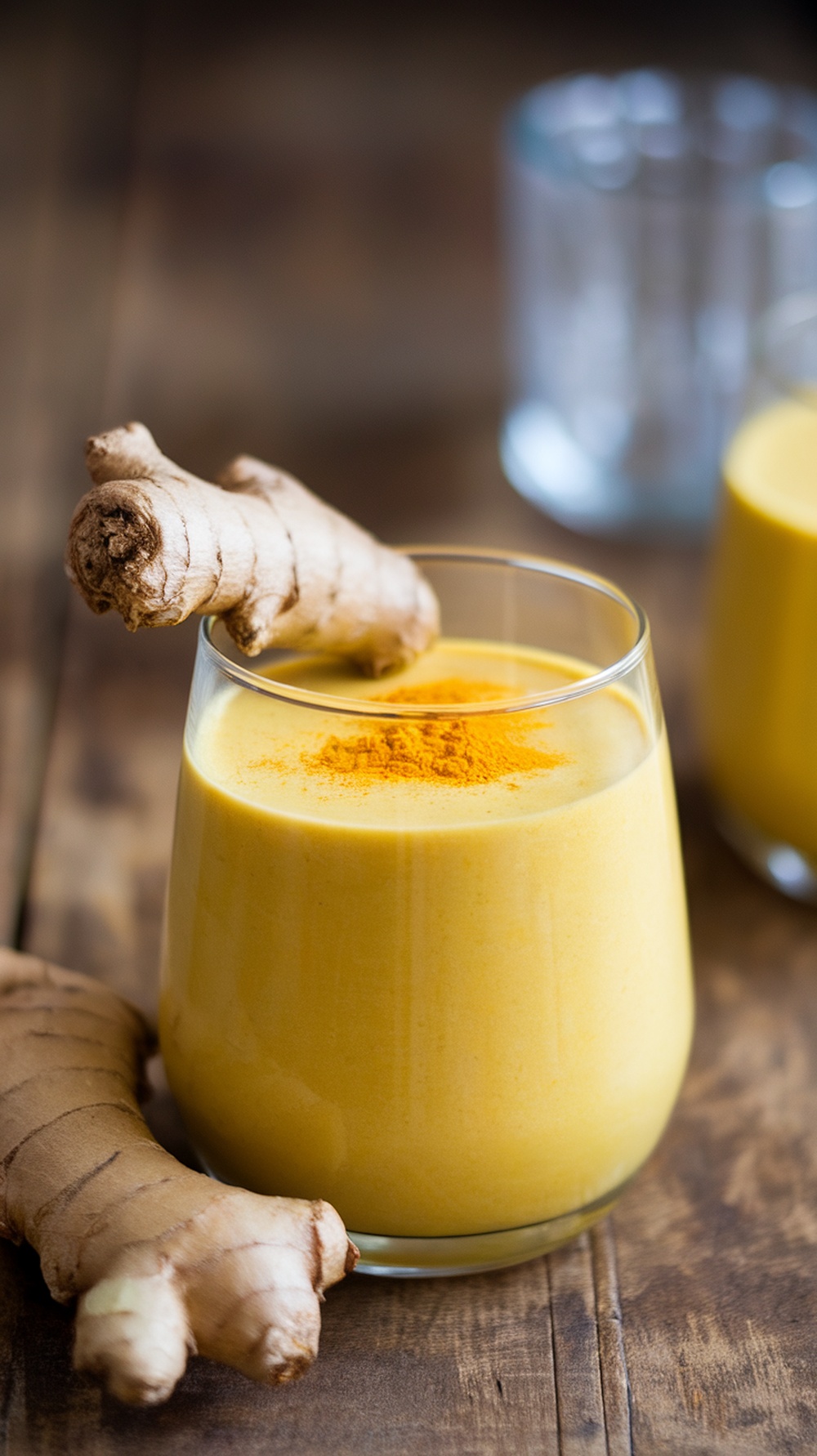 A glass of spicy ginger turmeric smoothie with fresh ginger root beside it.