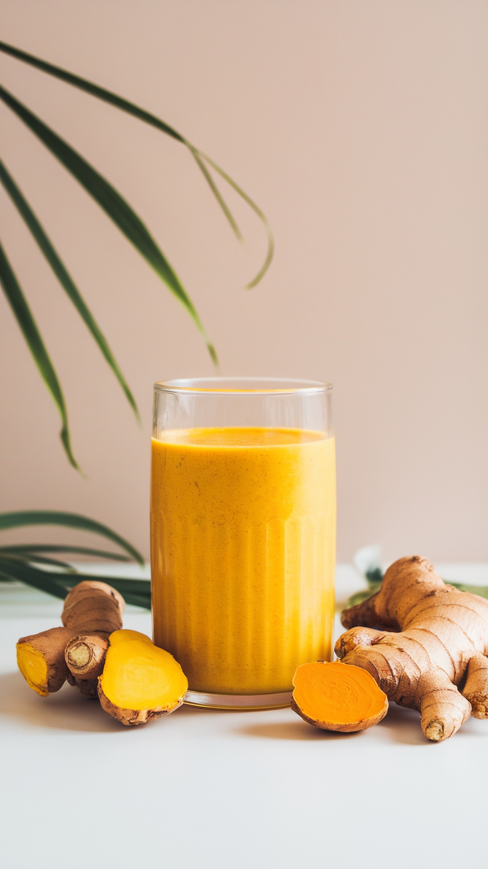 A glass of spicy ginger turmeric smoothie with fresh ginger and turmeric roots beside it.
