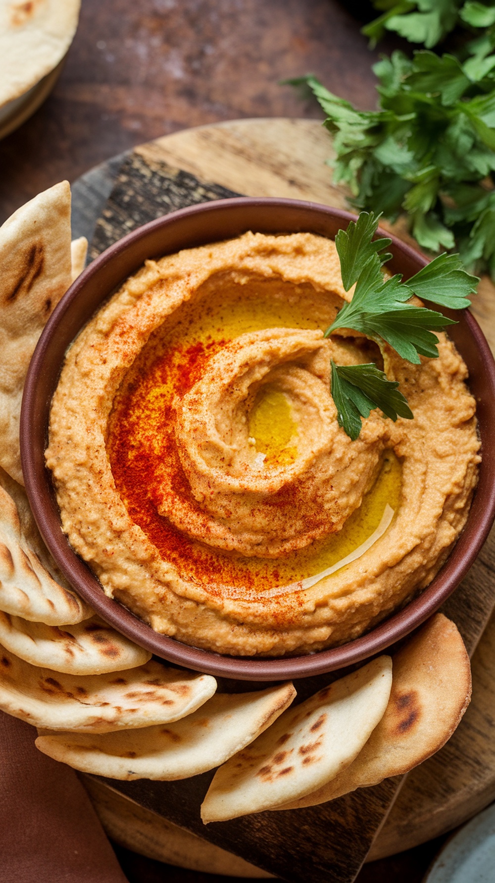 A bowl of spicy harissa hummus garnished with olive oil and parsley, served with pita chips.