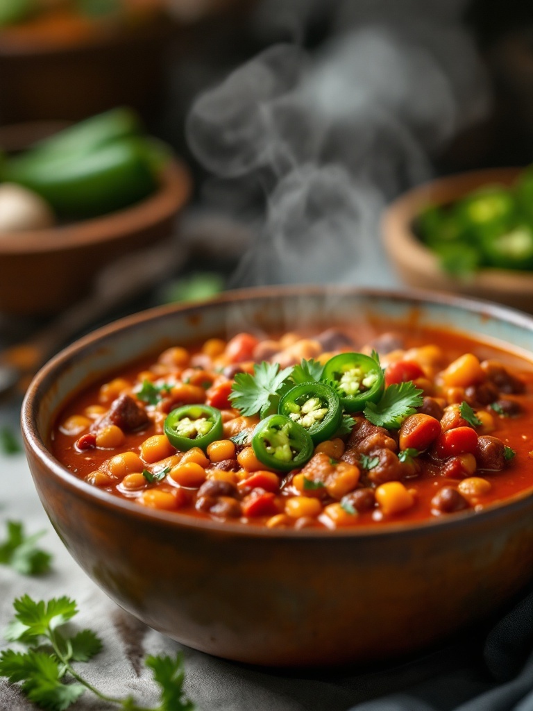 A bowl of spicy keto chili with jalapeño slices and herbs, perfect for a low-carb meal.