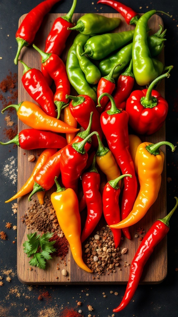 A variety of colorful spicy peppers on a wooden cutting board with some spices.