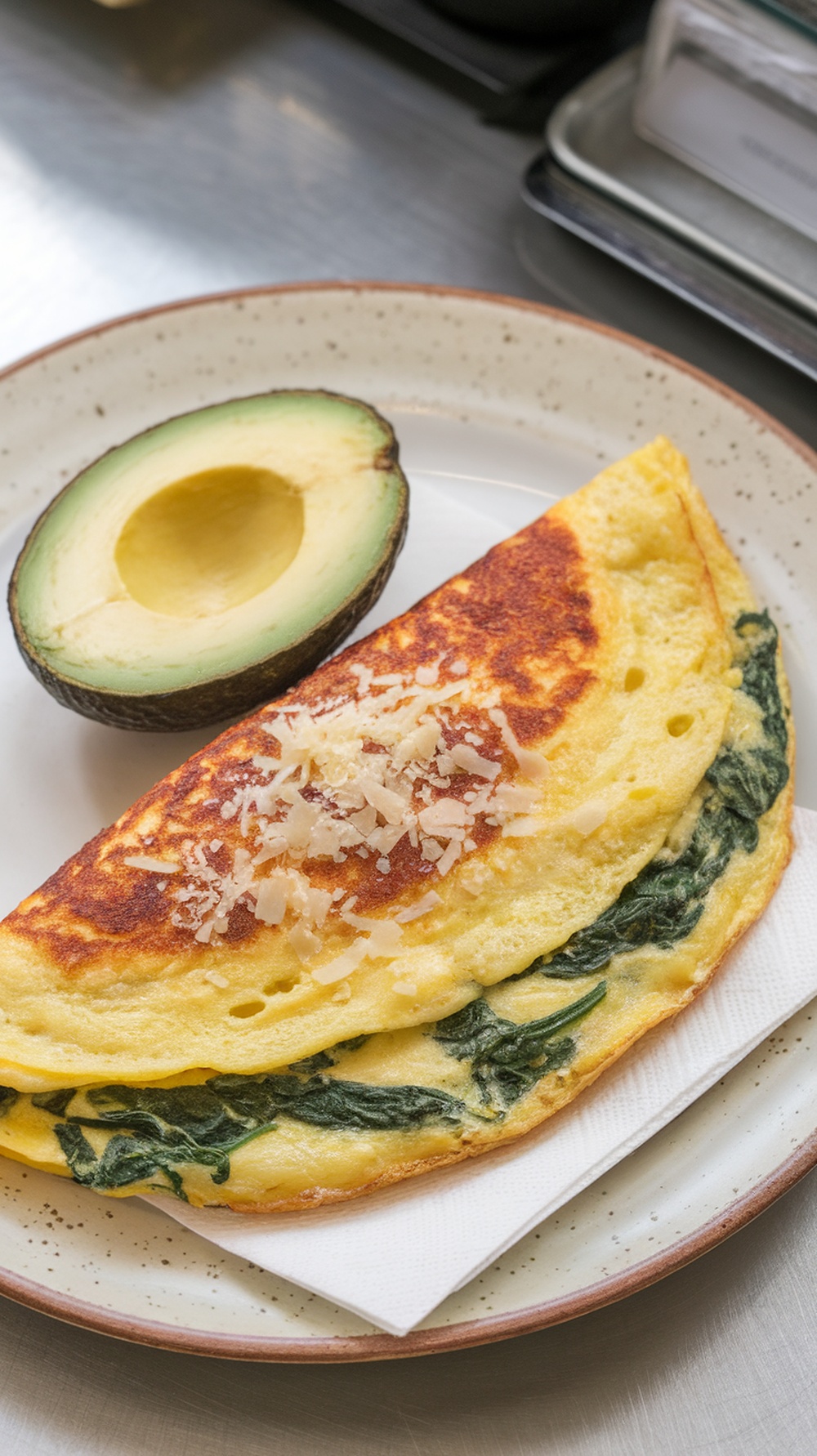A spinach and cheese omelette served with a half avocado on a plate.