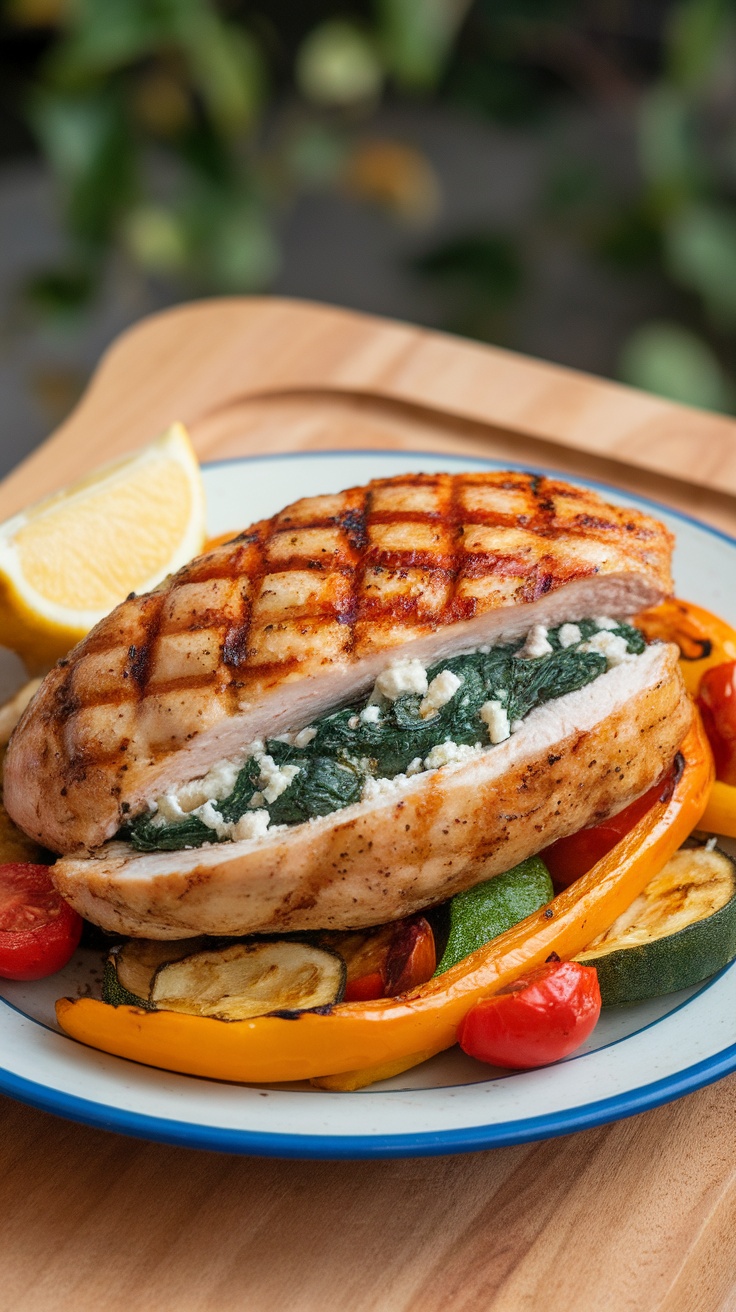 Spinach and Feta Stuffed Chicken Breast served with colorful vegetables