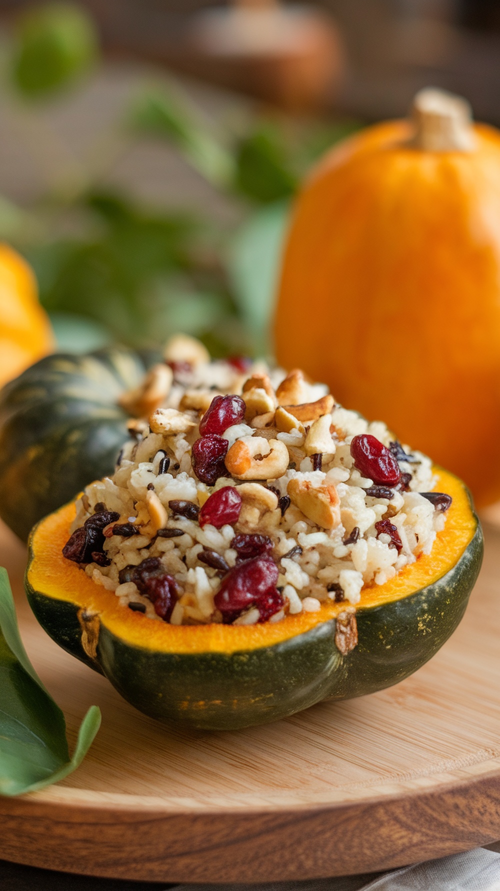 Stuffed acorn squash filled with wild rice, cranberries, and nuts on a wooden platter.