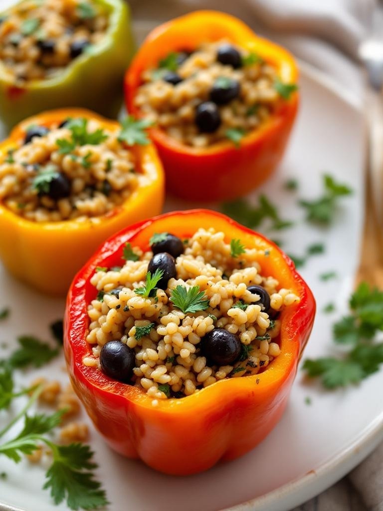 Stuffed bell peppers filled with brown rice and olives on a plate