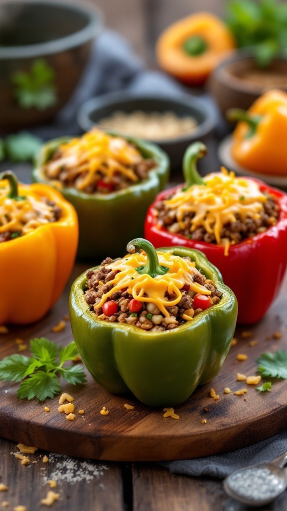 Stuffed bell peppers filled with ground meat and cauliflower rice, topped with melted cheese.