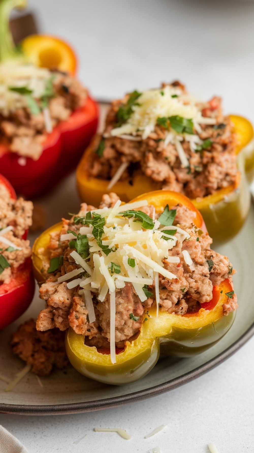 Stuffed bell peppers filled with ground turkey and topped with cheese