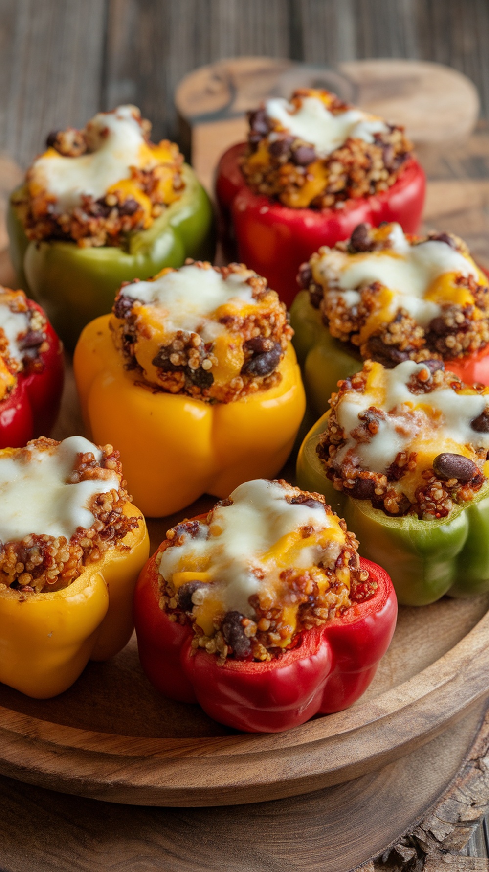 Colorful stuffed bell peppers filled with quinoa and black beans, topped with melted cheese.