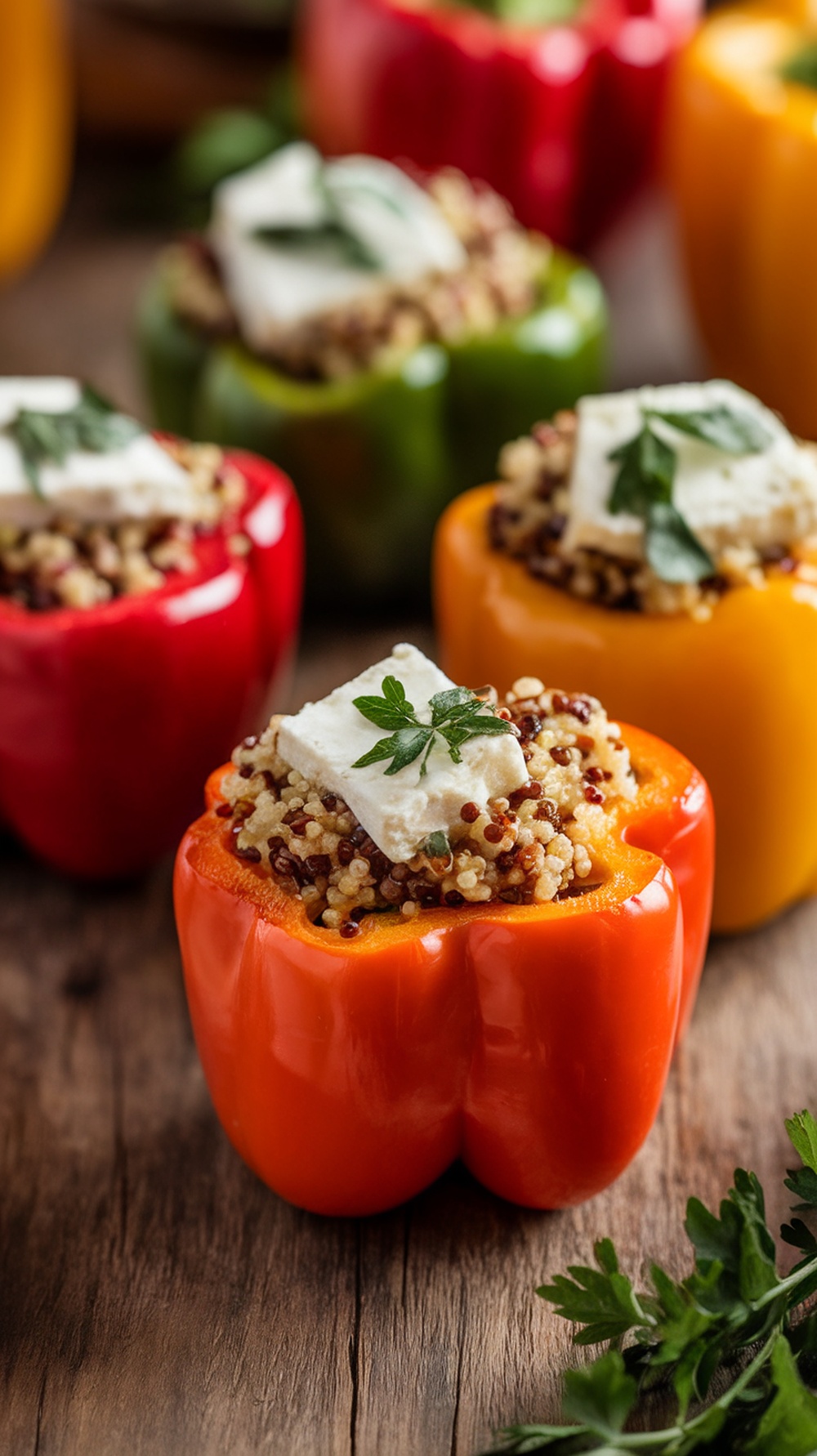 Colorful stuffed bell peppers filled with quinoa and feta cheese, garnished with parsley.