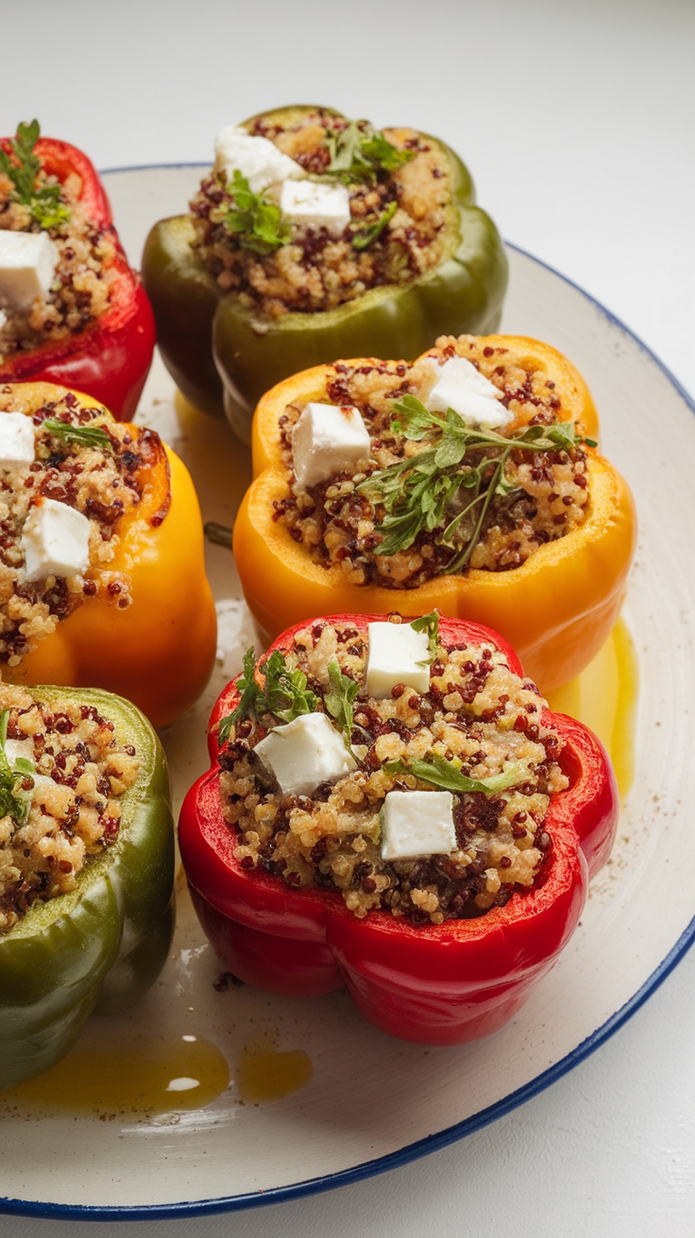Stuffed bell peppers filled with quinoa and feta cheese, garnished with herbs.