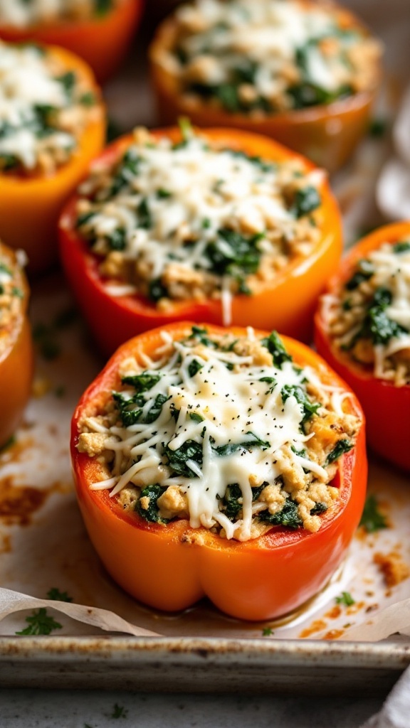 Stuffed bell peppers filled with turkey and spinach, topped with melted cheese.