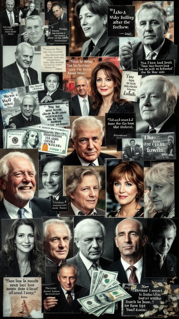 A collage of influential figures and quotes about success and wealth.